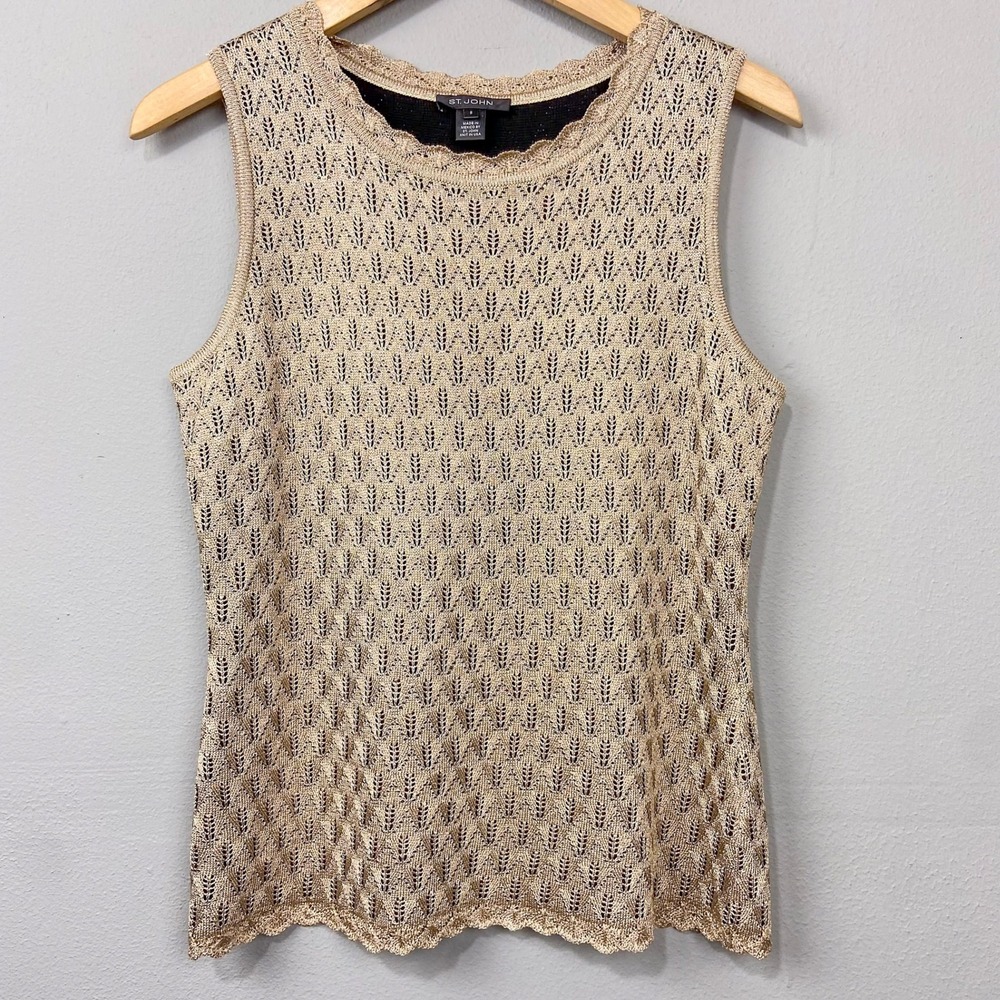 St. John Sleeveless Sweater Knit Top Size S Gold Metallic Tank Pointelle Shell